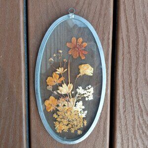 Vintage Dried Pressed Flowers Wall Art Oval Glass Framed